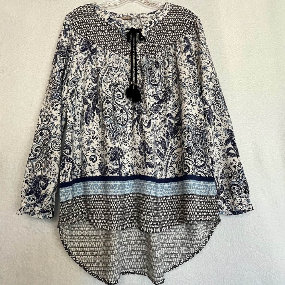 M&D Paisley Print Smocked‎ Tunic Top Long Sleeve Lightweight Boho Blouse Size M